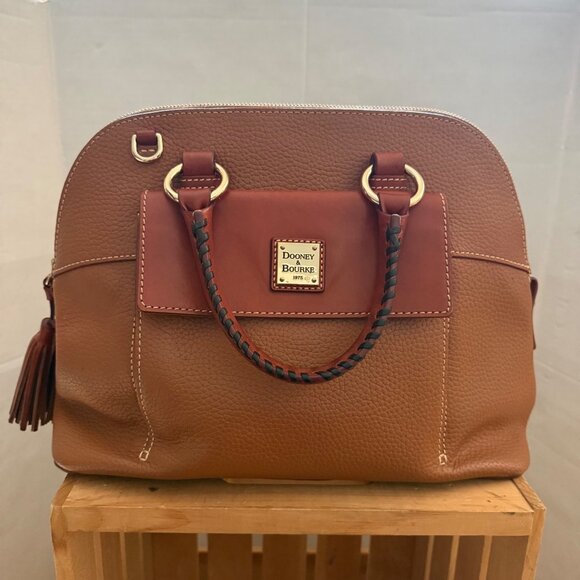 Dooney & Bourke Brown & Tan Pebble Grain Leather Aubrey Dome Satchel Hand Bag - Picture 2 of 16